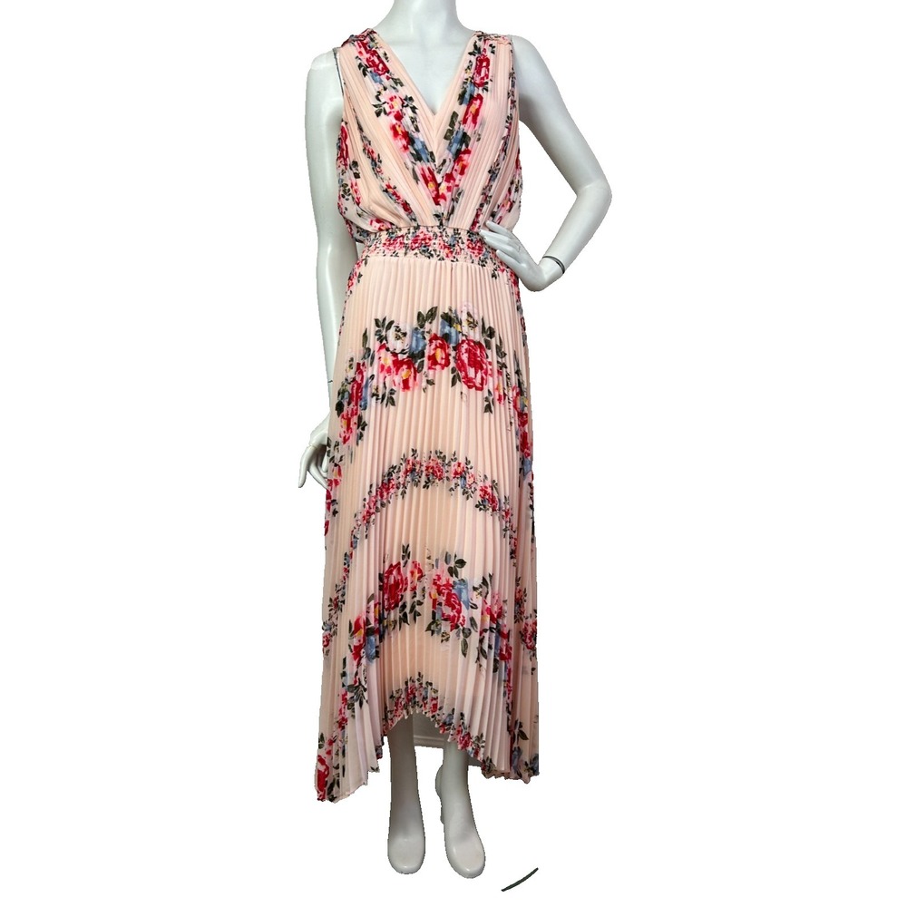WHBM Maxi Plisse Dress Size 4 Pink Floral Chiffon V-Neck Sleeveless Zip EUC - Picture 2 of 15